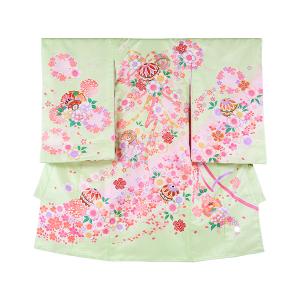 右に鞠、左に雪輪に鼓、背に鞠と桜流れ・緑