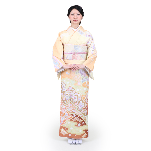 辻が花と流水(黄檗色)