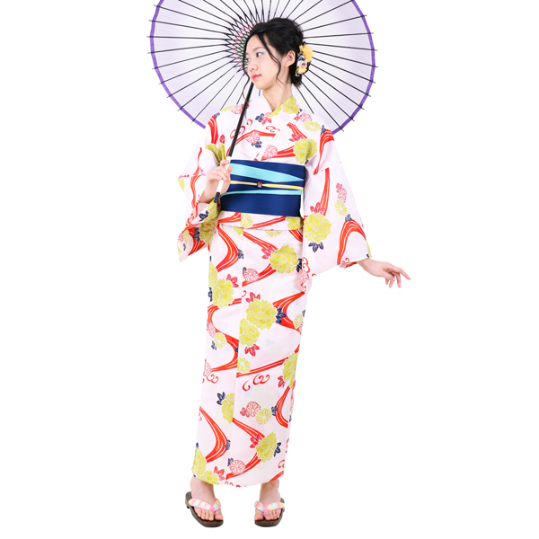 厳選平織り女性浴衣-菊水紋に牡丹・黄