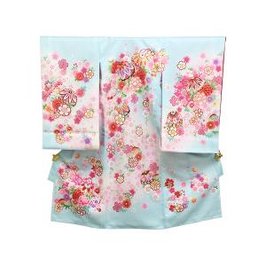紗綾形地紋・右に牡丹、左に桜、背に鞠・水色