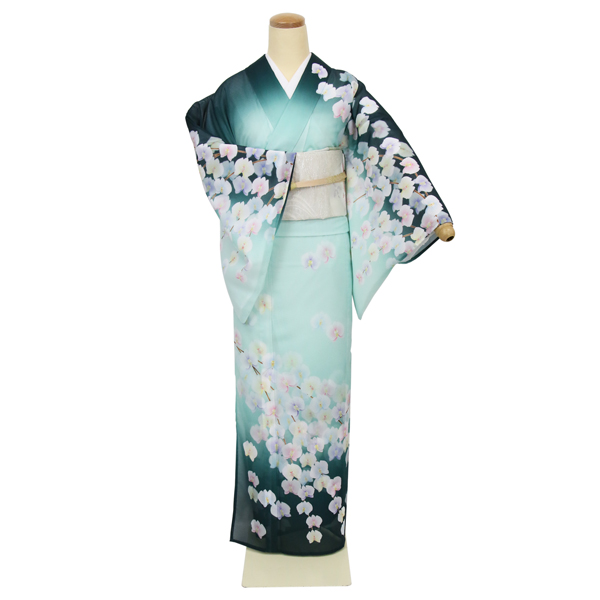 七色胡蝶蘭（緑）絽｜訪問着レンタル｜京都着物レンタルwargo