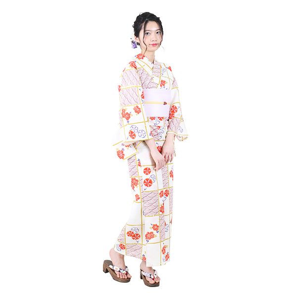 本仕立て綿麻女性浴衣-竹枠に青海波と夏花・晩夏
