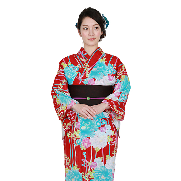 赤地に牡丹結び